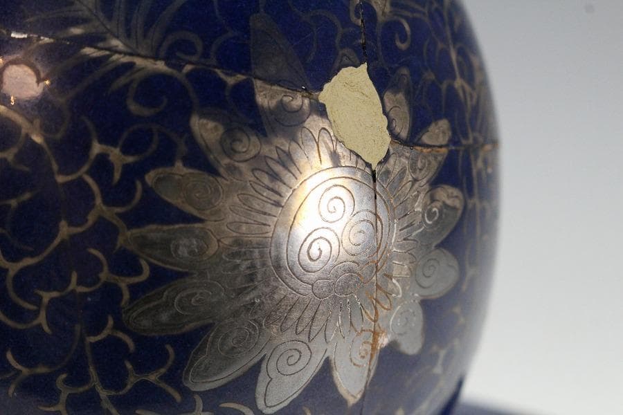 中国美術 瑠璃釉 銀彩 纏枝蓮花鳳紋 瓢瓶(K-XA832)