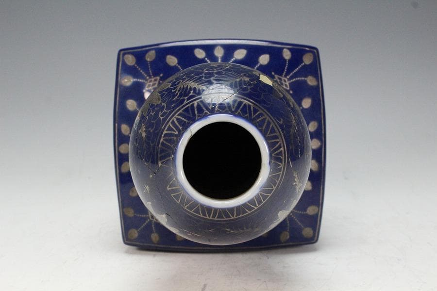 中国美術 瑠璃釉 銀彩 纏枝蓮花鳳紋 瓢瓶(K-XA832)