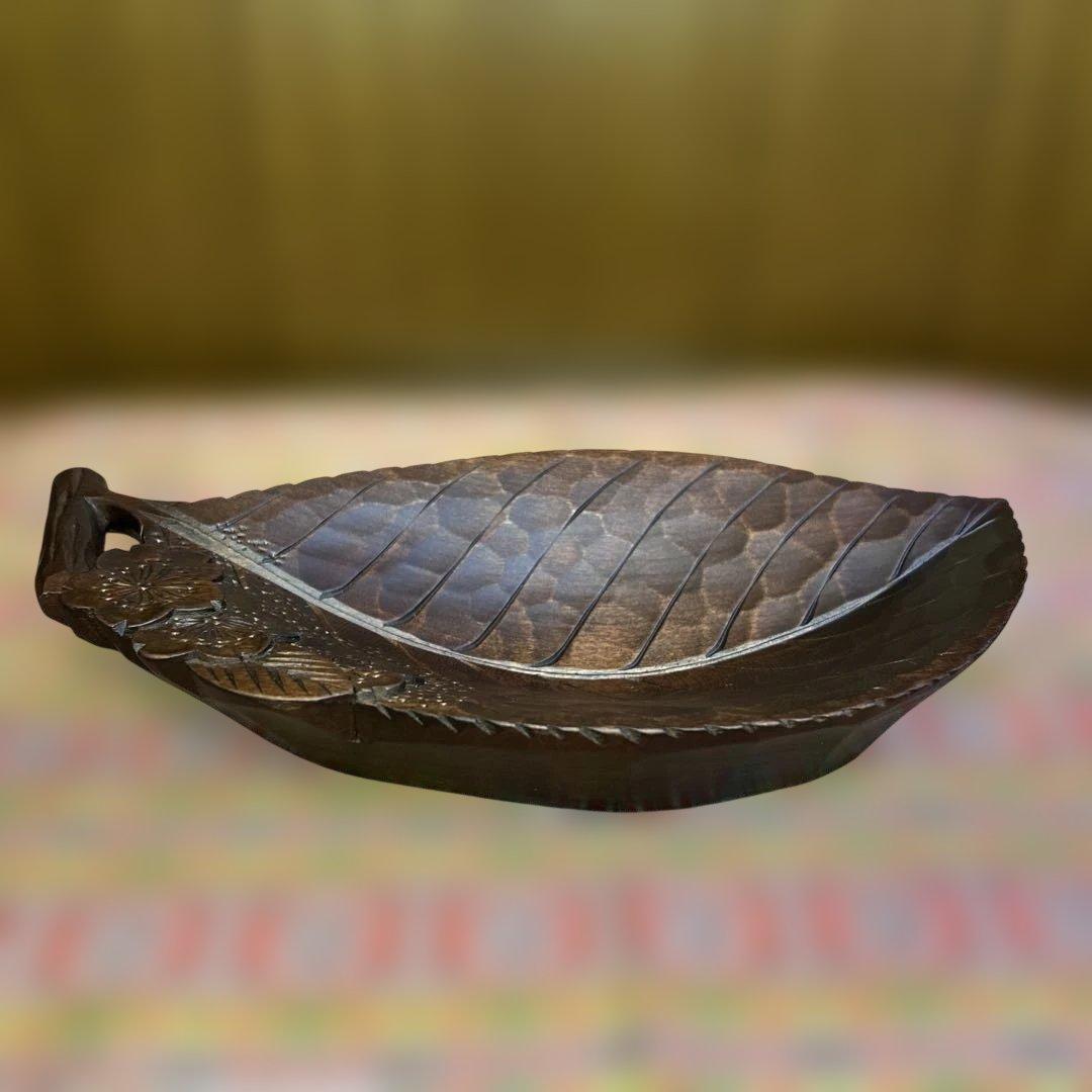 逸品 老舗 一彫堂 軽井沢彫 枝桜彫刻 リーフ型木製お皿 新品未使用