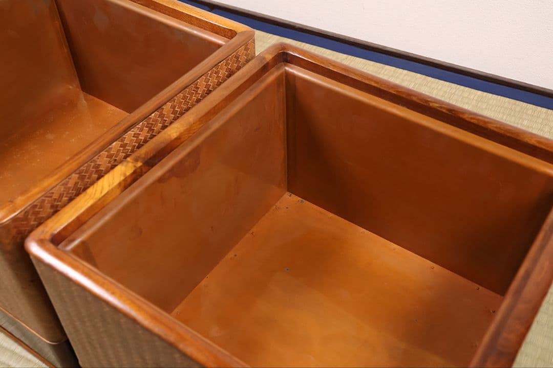 平安 象彦造 桑 網代 角形 火鉢 一対 幅32cm 古民具 木製【MB105