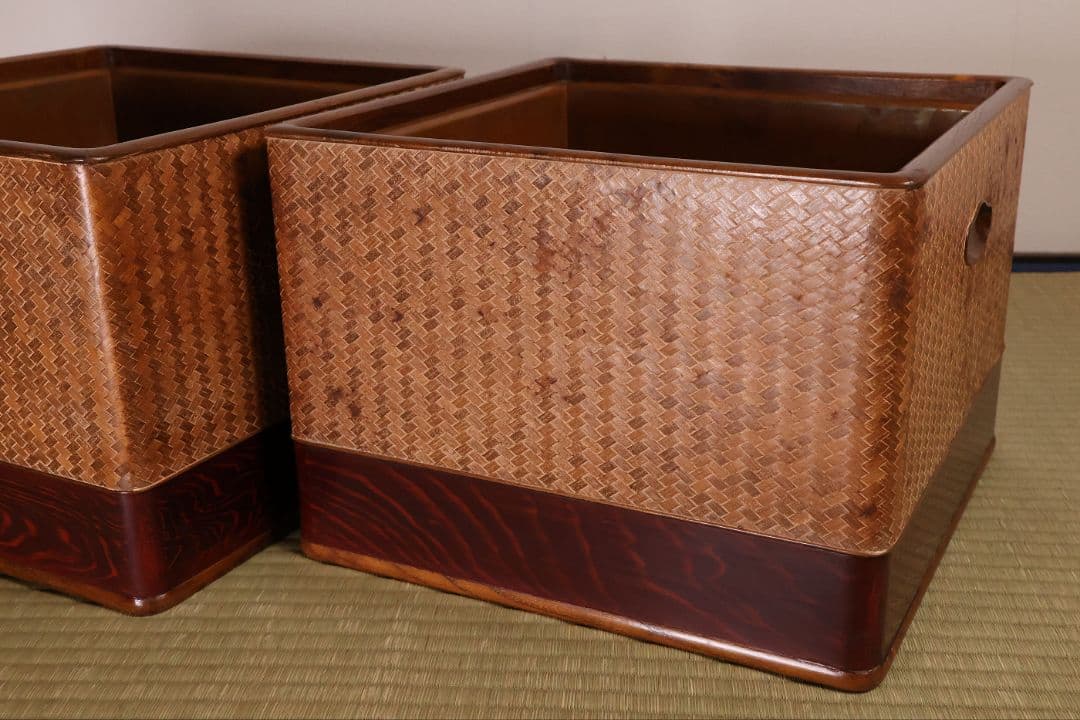 平安 象彦造 桑 網代 角形 火鉢 一対 幅32cm 古民具 木製【MB105