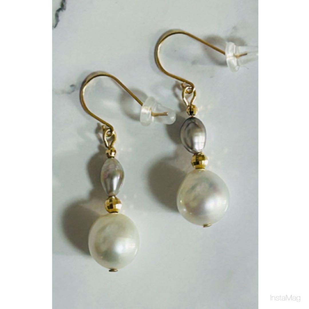 南洋白蝶真珠パールピアス11mmシルバーカラーK14WG製 (M0114-4)K18YG南洋白