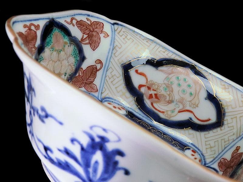 古伊万里　金襴手　獅子に牡丹の図　四方角向付　E990AS-CSb