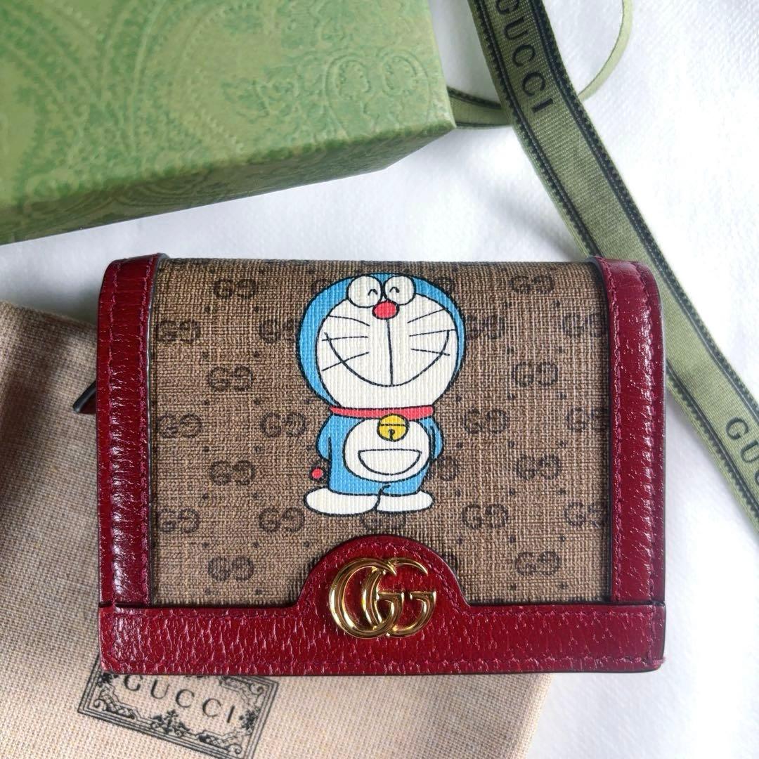 GUCCI ドラえもん 二つ折り財布 レザー GGスプリーム レッド コラボ