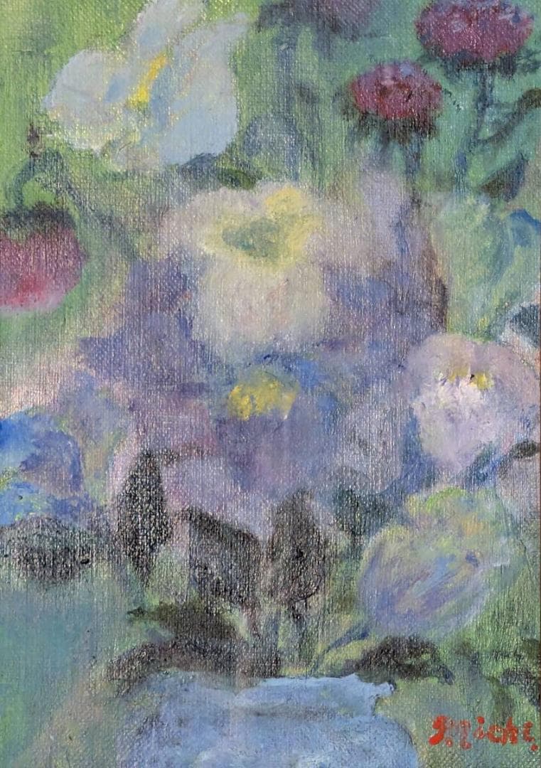 真作】絵画 油彩SM やさしき花々 印象派風 小品 美しい色彩アート X164