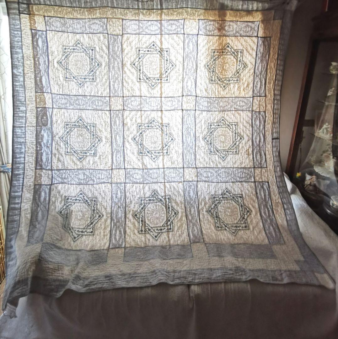 アンティーク 星 風車パッチワーク 小花青磁色刺繍 ふんわりダブル