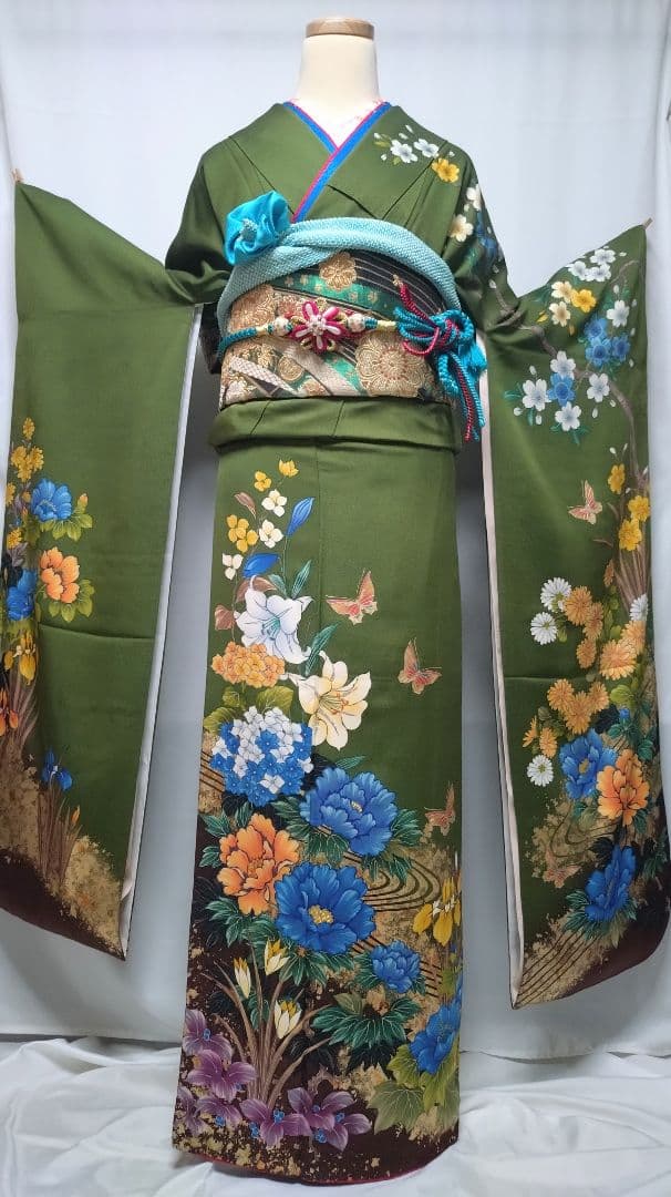 振袖フルセット6点サイズM〜L相良刺繍 振袖 流水花文 暈