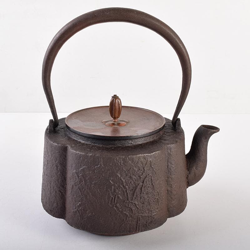 煎茶道具　山水文　紫斑銅蓋 　鉄瓶　鉄壷　M　R7676 煎茶道具 山水文 紫斑銅蓋 鉄瓶 鉄壷 M R7676