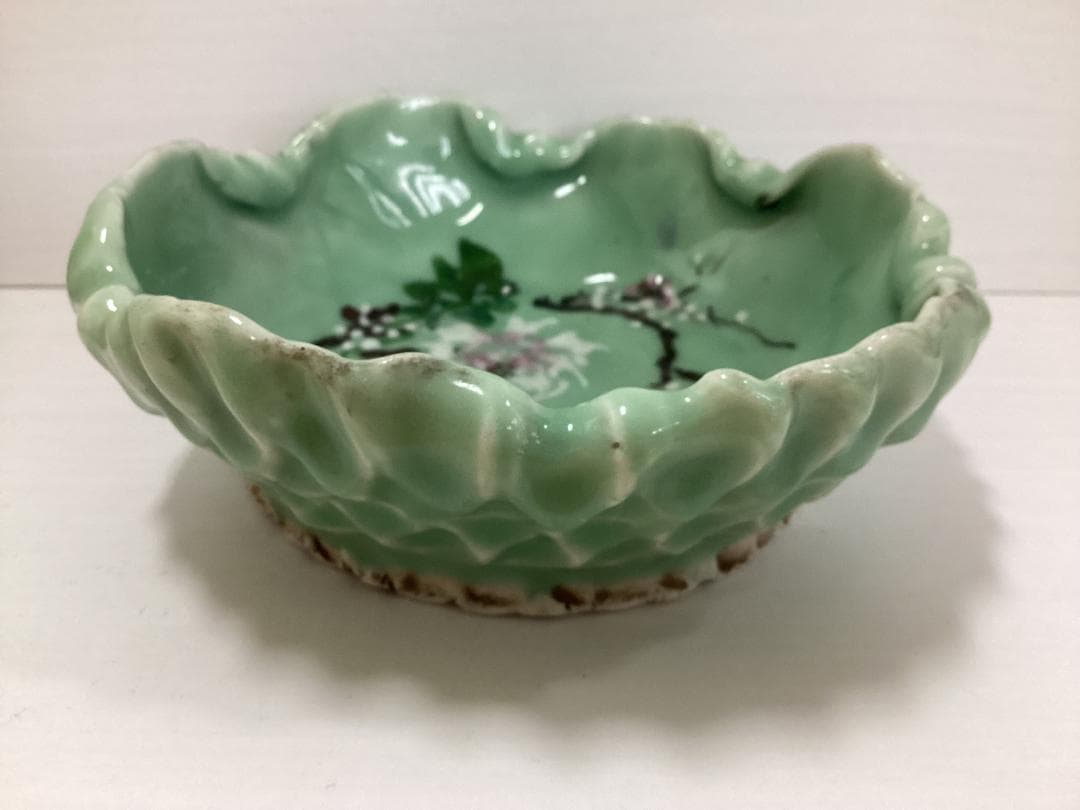 青磁 鉢 茶道具 和食器 花柄 飾皿 手練り C264