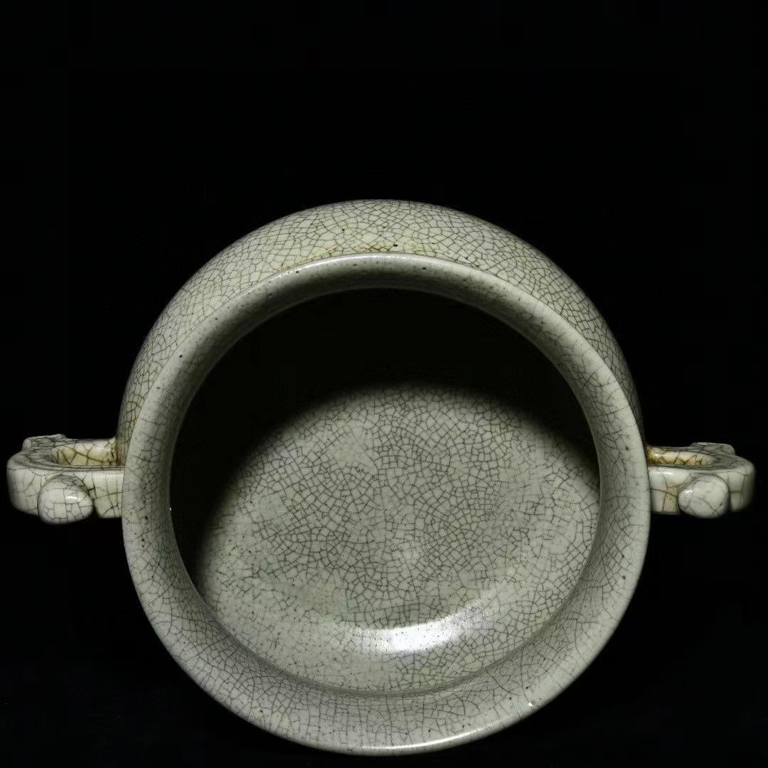 中国古美術・旧蔵の陶磁器双耳炉・12x25・茶道具・案頭・置物・文房具