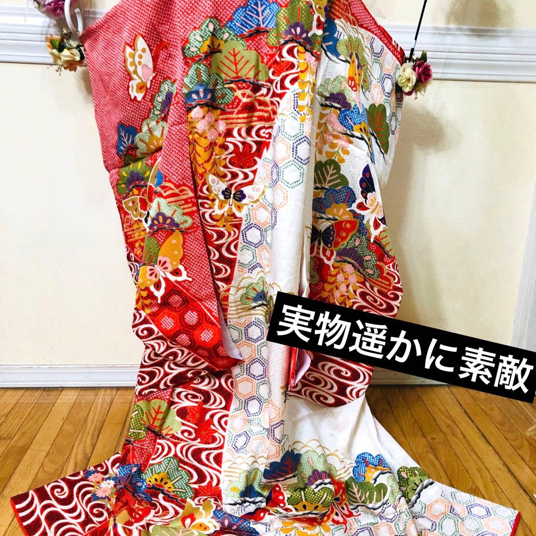 七五三七歳❣️豪華絞り柄アシメトリ花金彩⭐︎正絹全通袋帯刺繍煌びやか⭐︎完全フルセット