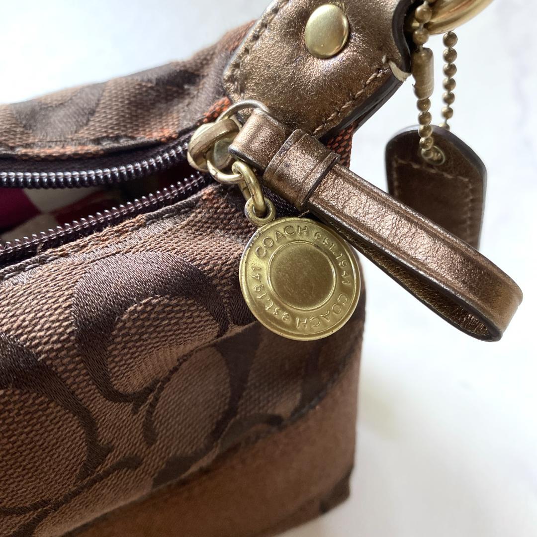 コーチ アクセサリーポーチ ミニハンドバッグ シグネチャー キャンバス 茶