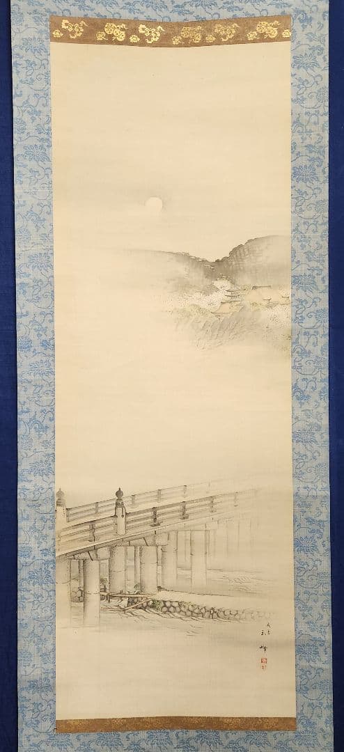 【五条大橋から春景清水寺図】長谷川玉峰 999 京都鴨川 桜 掛け軸 肉筆