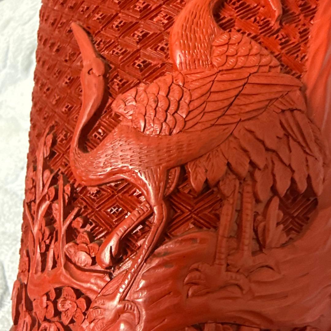 中国美術堆朱彫刻鶴図木製筆立本物保証古唐物／彫漆／