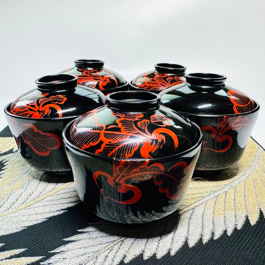 漆器　輪島塗　大根彫　細工　木製　蓋付椀　茶碗　吸物椀　5客