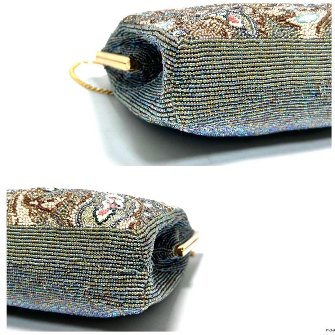 【美品】KUJAKUDO/ビーズ刺繍/総柄/グリーン系色/チェーンハンドバッグ