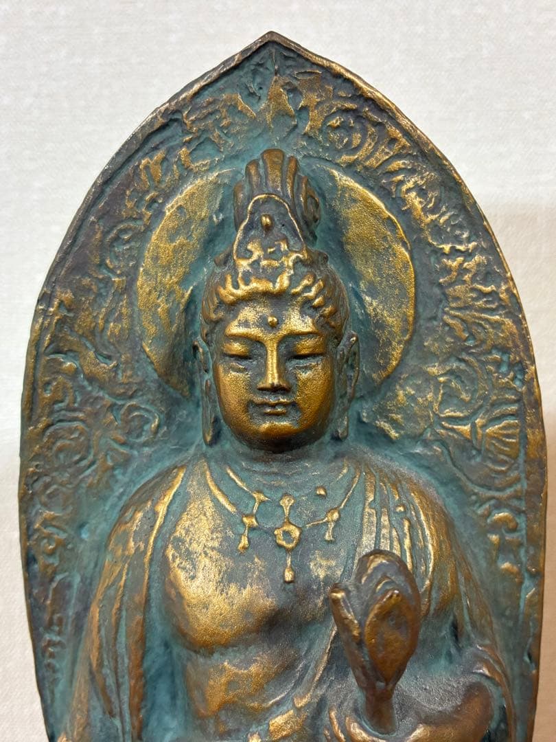 004【美品・箱付き】観音菩薩像 北村西望作『大慈無邊』青銅、本金彩