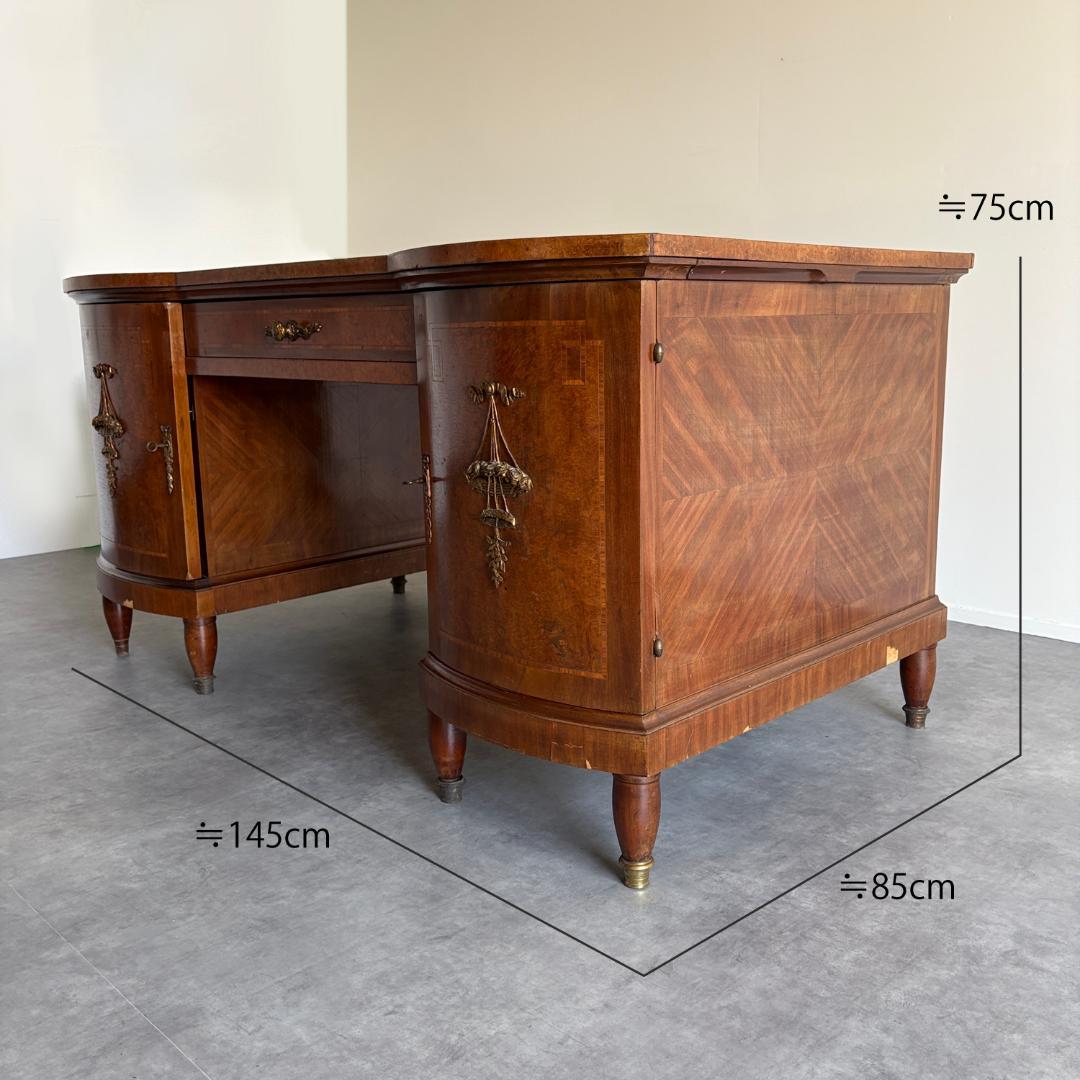 ロココ様式 ラグジュアリーデスク レザートップ＆真鍮装飾付き鍵付き