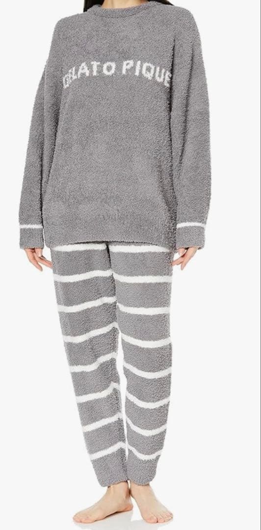 ジェラートピケ　ルームウェア　上下セット　グレー　ロゴ　ボーダー　パンツ