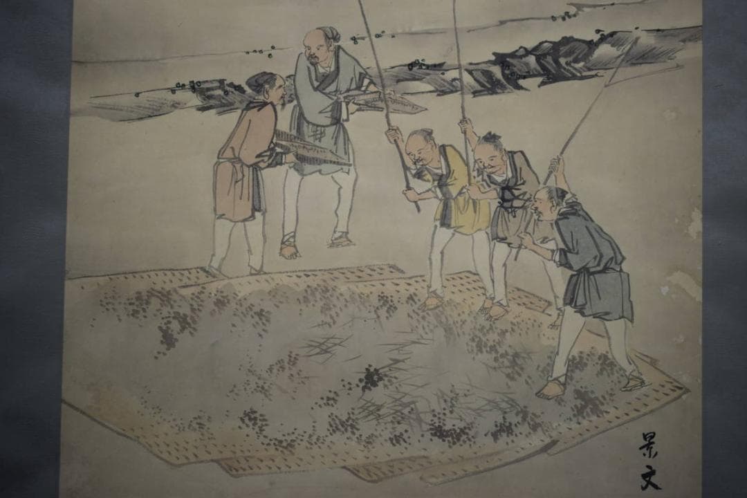 真作/景文/人物収穫図/農耕図/布袋屋掛軸HI-53