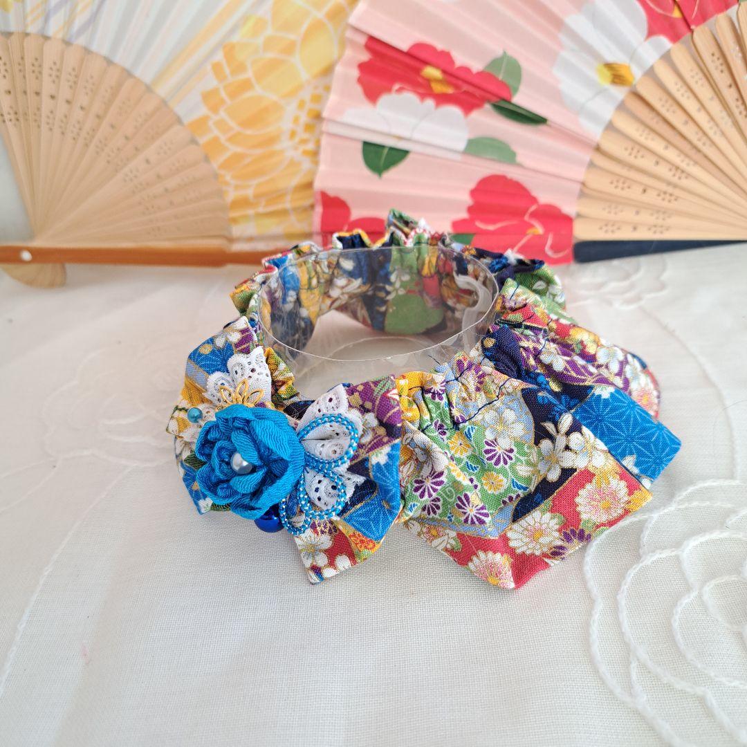 和風つまみ細工付き(黒②)わんちゃん猫ちゃん用襟つき首輪 和装まとめ