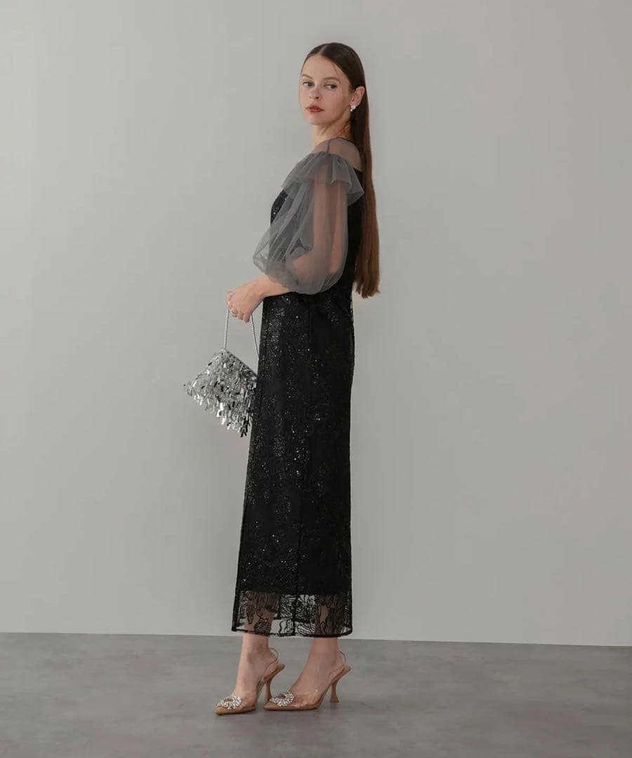 LEJA フラワースパンコールシアーフリルスリーブIラインワンピースドレス S