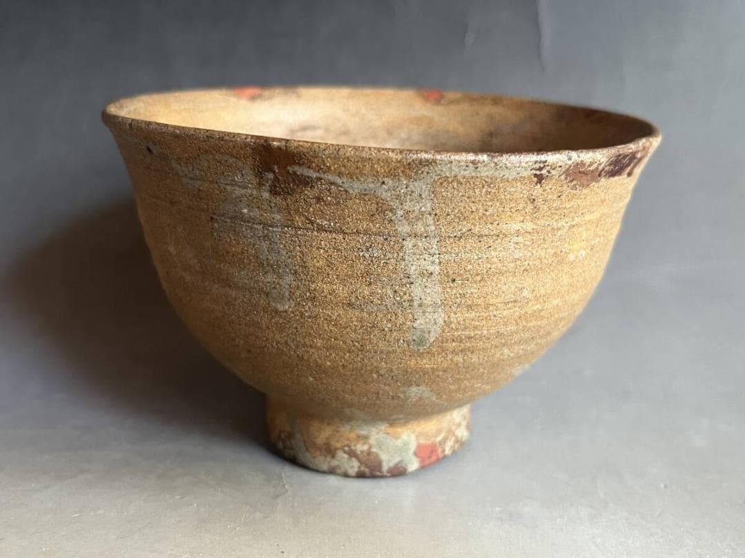 茶碗□時代物 古い土物碗 漆直し有り 堅碗 素焼き 笑窪 仕覆 古玩 骨董