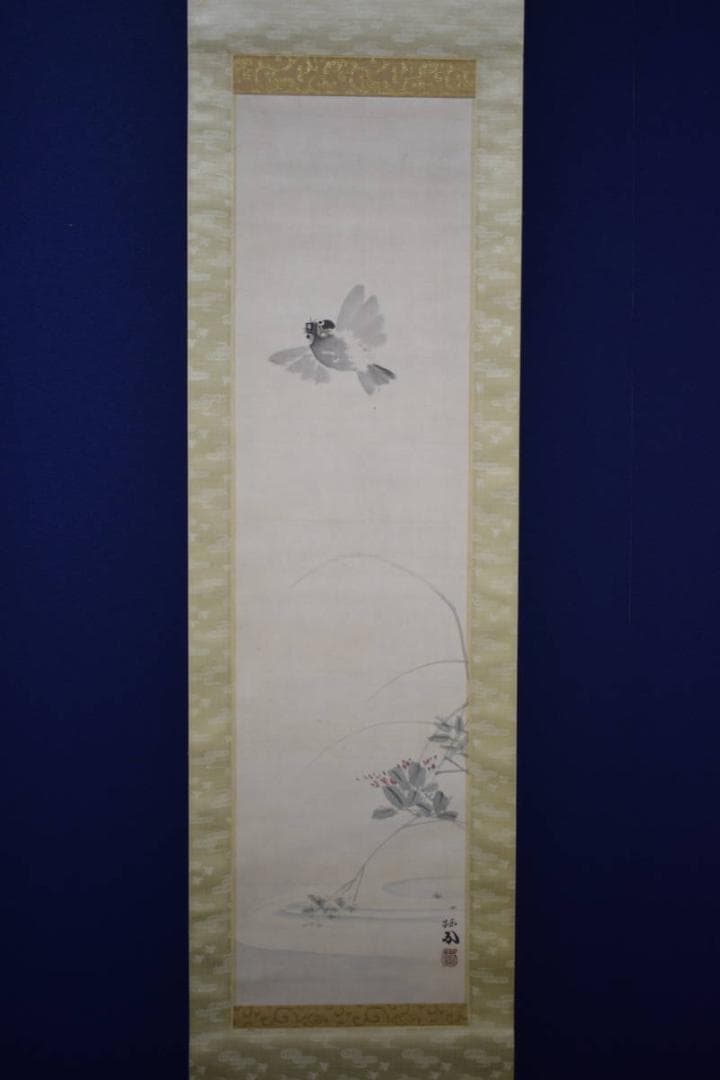 真作/竹内栖鳳/雀飛翔図/絹表装/桐極箱付/布袋屋掛軸HH-931