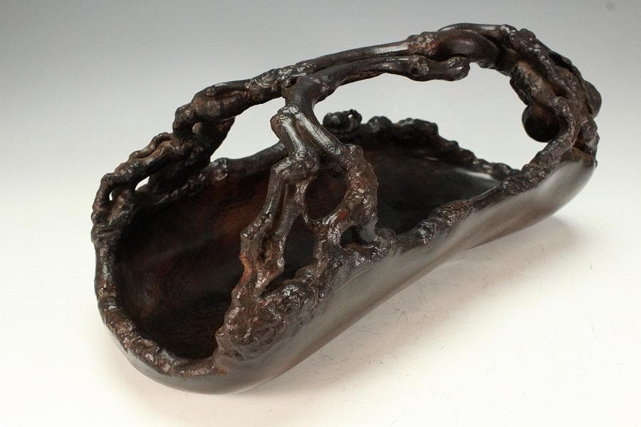 中国美術 紫檀 刻 枝果実 蝸牛 手付 器 39cm 希少(K-A237) 中国美術 紫檀