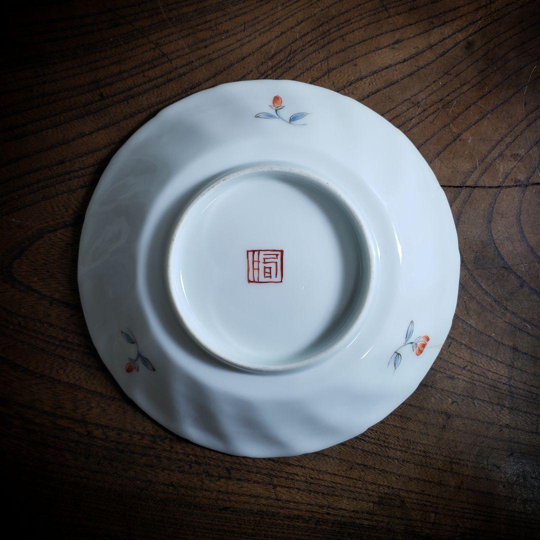 色絵付 皿 鳳凰 ねじり花弁縁 古伊万里 花文 唐草 銘 窯傷 ロ