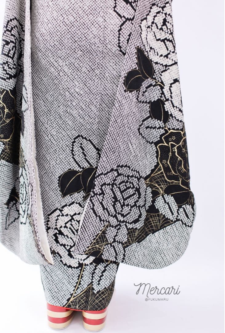 阪急百貨店 振袖 総絞り 薔薇 黒 フルセット 正絹