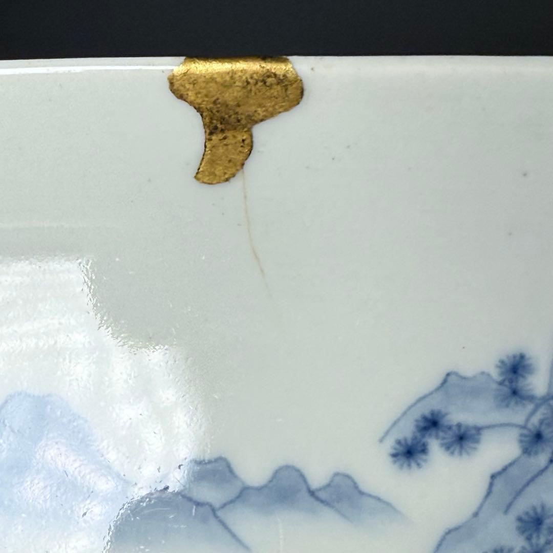 後期鍋島 江戸後期 染付楼閣山水図四方皿 共箱 緻密な絵