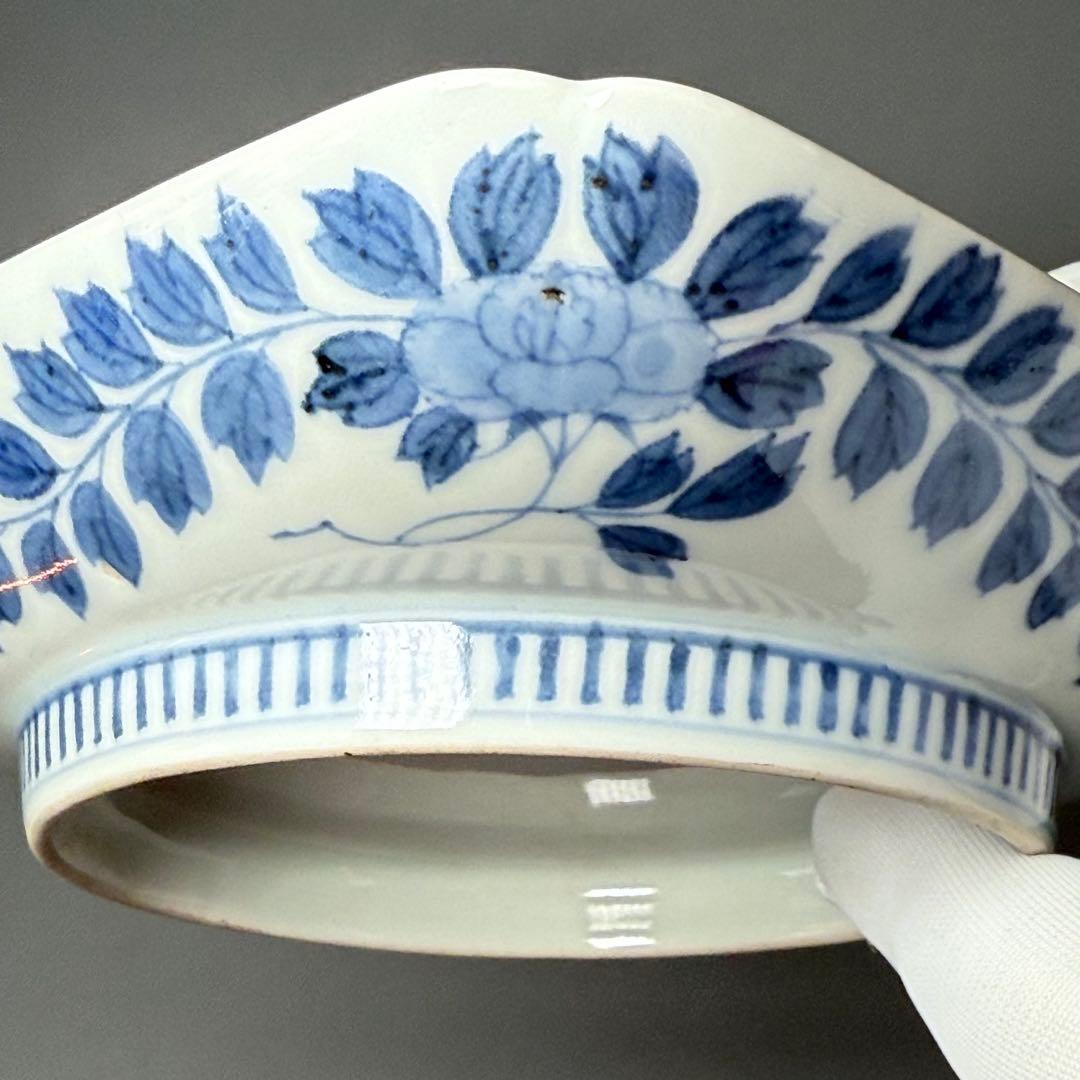 後期鍋島 江戸後期 染付楼閣山水図四方皿 共箱 緻密な絵