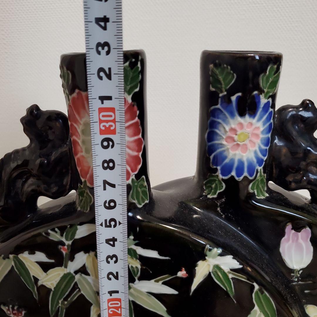 黒地陽刻花鳥文二口偏壺 大清雍正年製 740