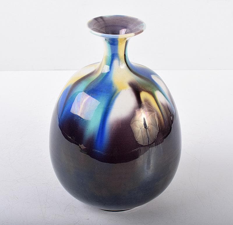 九谷焼 人間国宝 三代八十吉 徳田正彦作 彩釉 壷 共箱 H