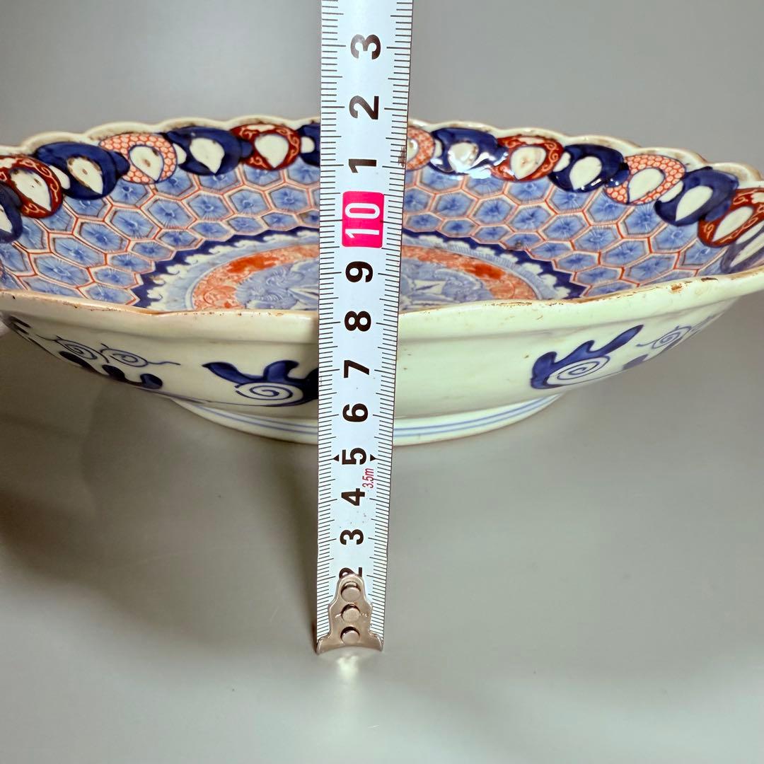 古伊万里大明成化年製極細密技巧亀甲文直径35.5㎝赤絵納め箱付