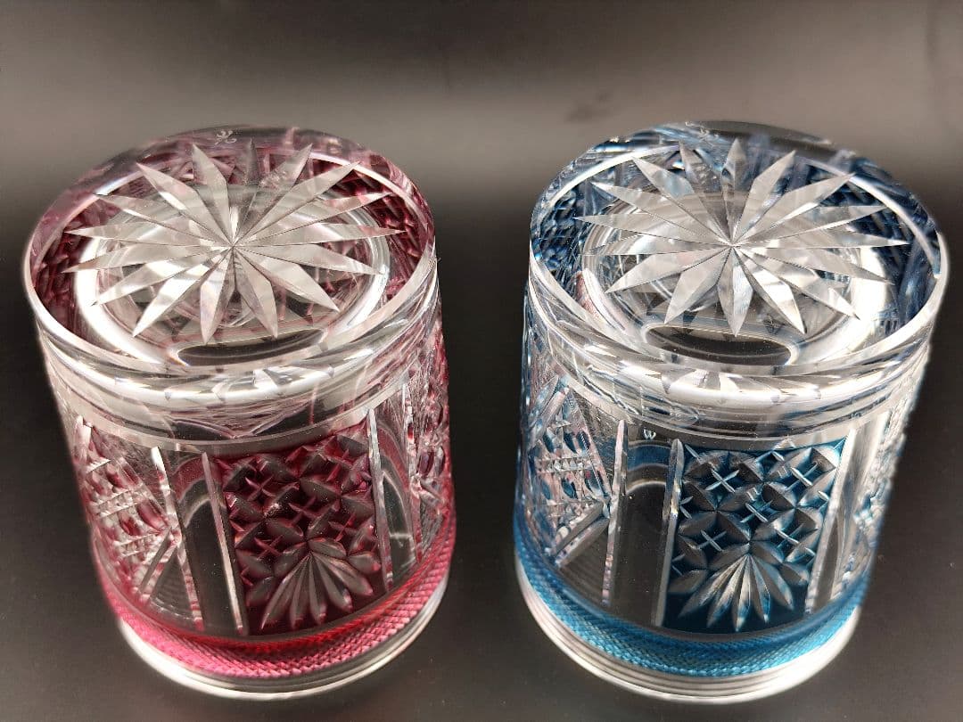 極希少】復刻薩摩切子 第一人者 阪本光男 作 ペアロックグラス 刻印