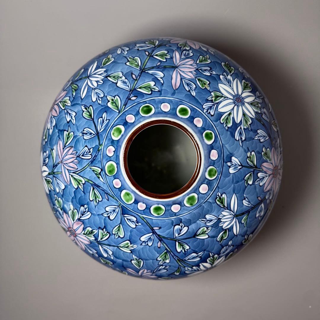 村上玄輝　染錦花草文様　花瓶　圧倒的な存在感　高さ27cm 胴径27cm　本人作