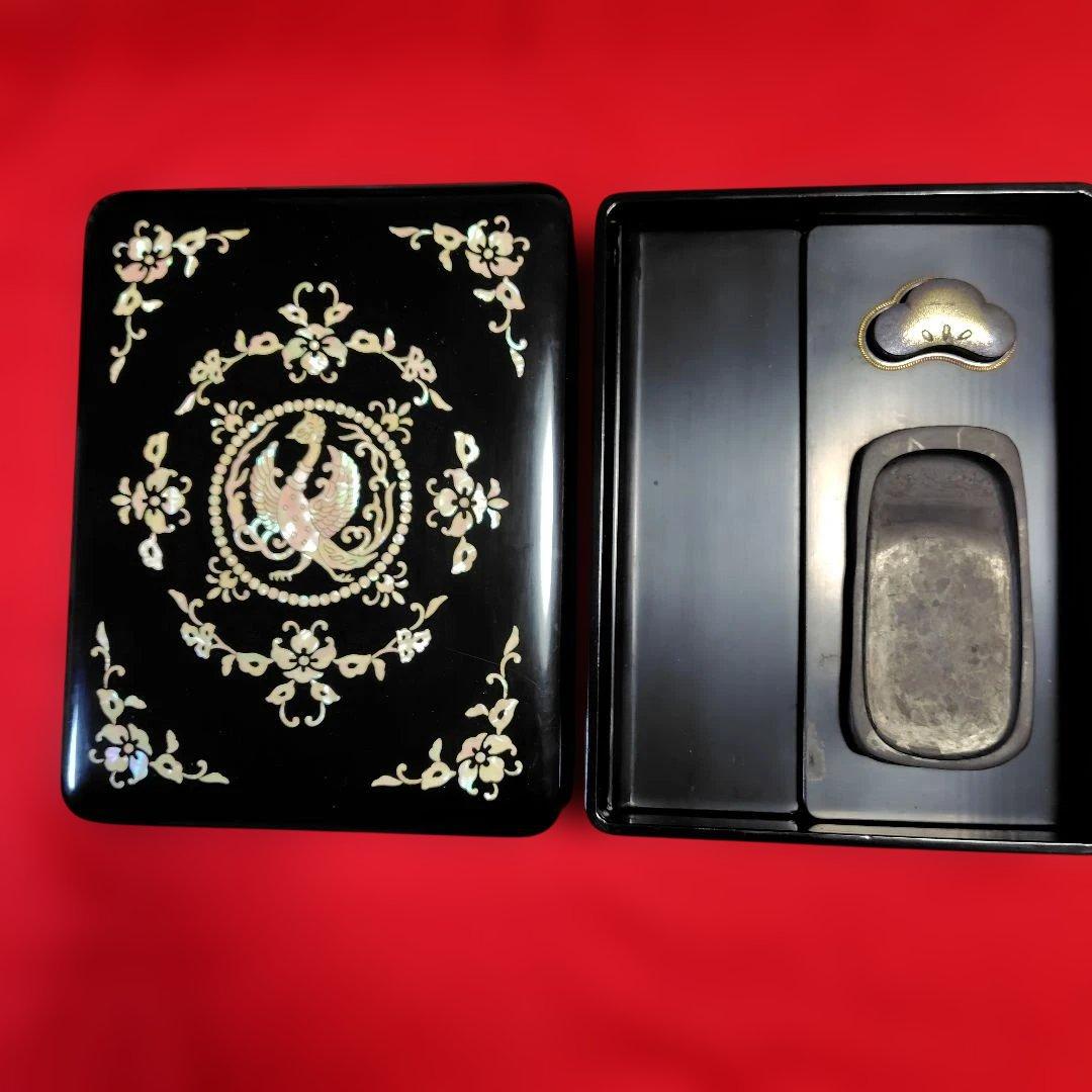 天平鳳凰模様螺鈿硯箱　ミニ硯と水差し内蔵、桐箱つき