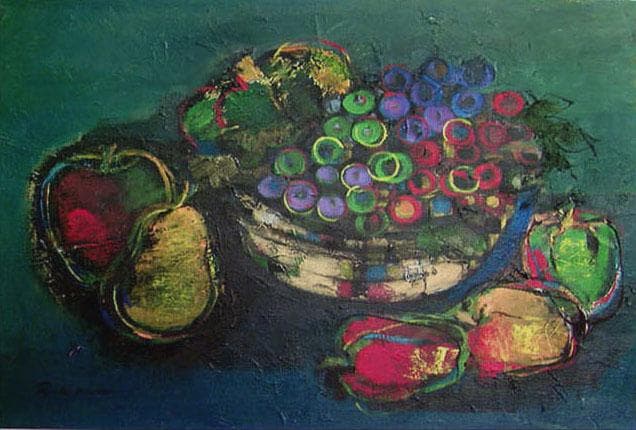 絵画インテリア 額付(黒) 油絵 uF6-061304 静物 フルーツ