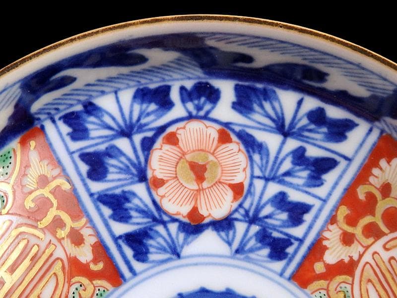 大聖寺伊万里 金襴手 割絵 寿に花の図 平皿 4寸皿 5枚 143AS-DBd