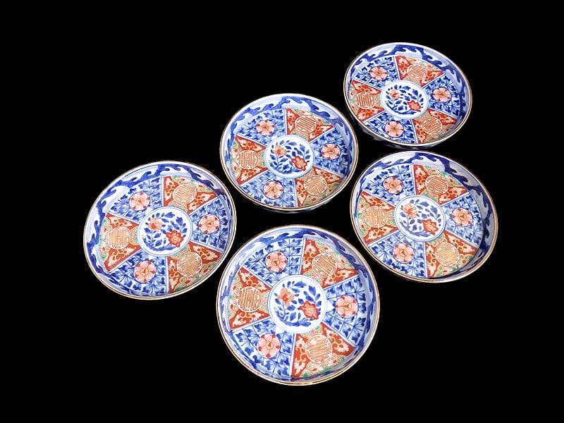 大聖寺伊万里　金襴手　割絵　寿に花の図　平皿 ４寸皿　５枚　143AS-DBd