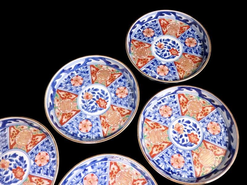 大聖寺伊万里　金襴手　割絵　寿に花の図　平皿 ４寸皿　５枚　143AS-DBd