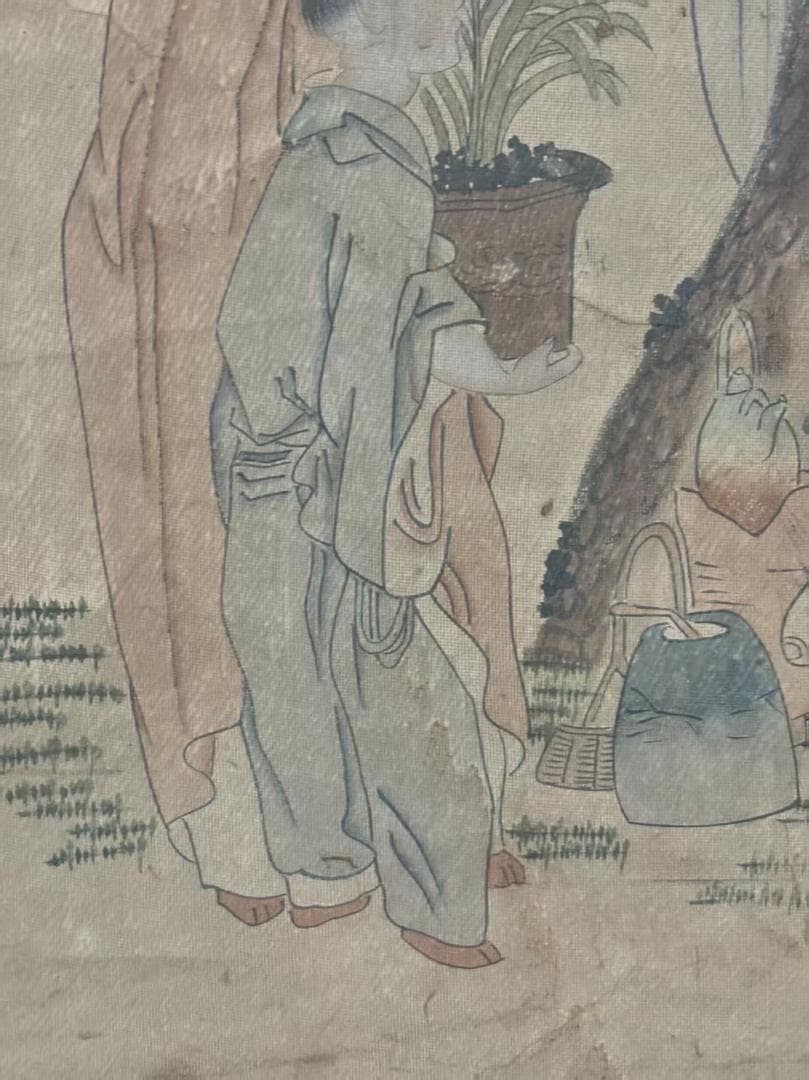 中国古美術 清代 錢慧安 人物と樹木の水彩掛軸 絹本 三尺