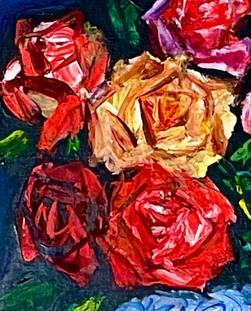 中川力　真作「ばら」 油彩3号　薔薇図傑作　表サイン　裏面に題名・署名