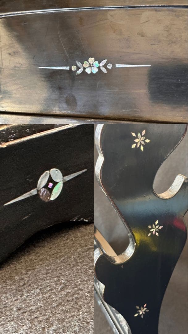 時代物 黒漆塗 螺鈿細工山水人物図 刀掛け 3本掛 高さ約42cm 螺鈿細工