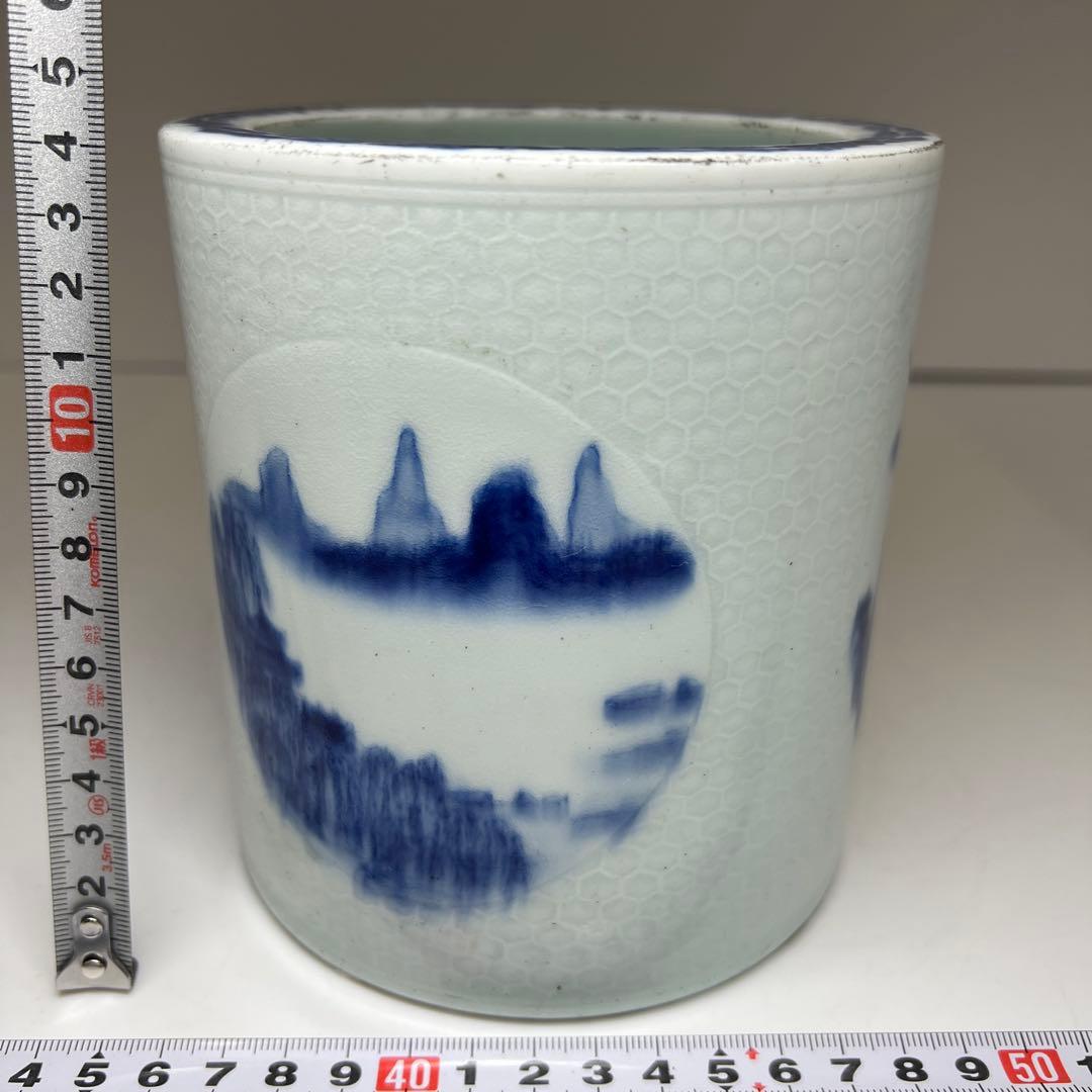 中国清時代 大清雍正年製 青花筆筒 高さ14㎝ 東Y7-1003⭐︎2Fタサオ