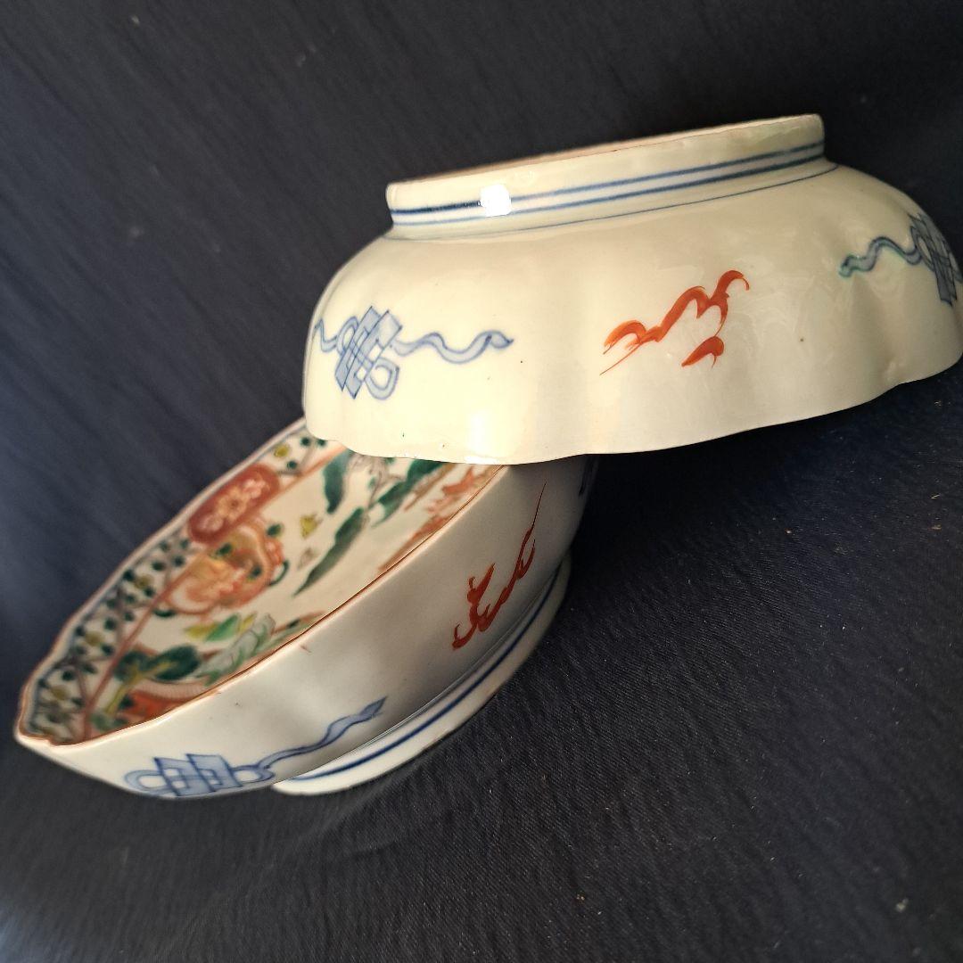 金彩の鳳凰(ほうおう)と龍！」 古伊万里 深皿(直径15.5cm) 2客
