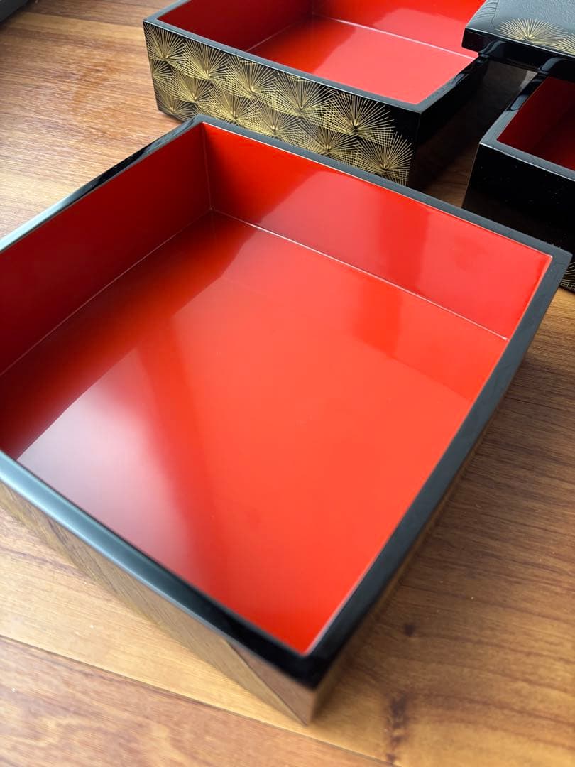 輪島塗 三段重 沈金 寿松 天然木 うるし塗装