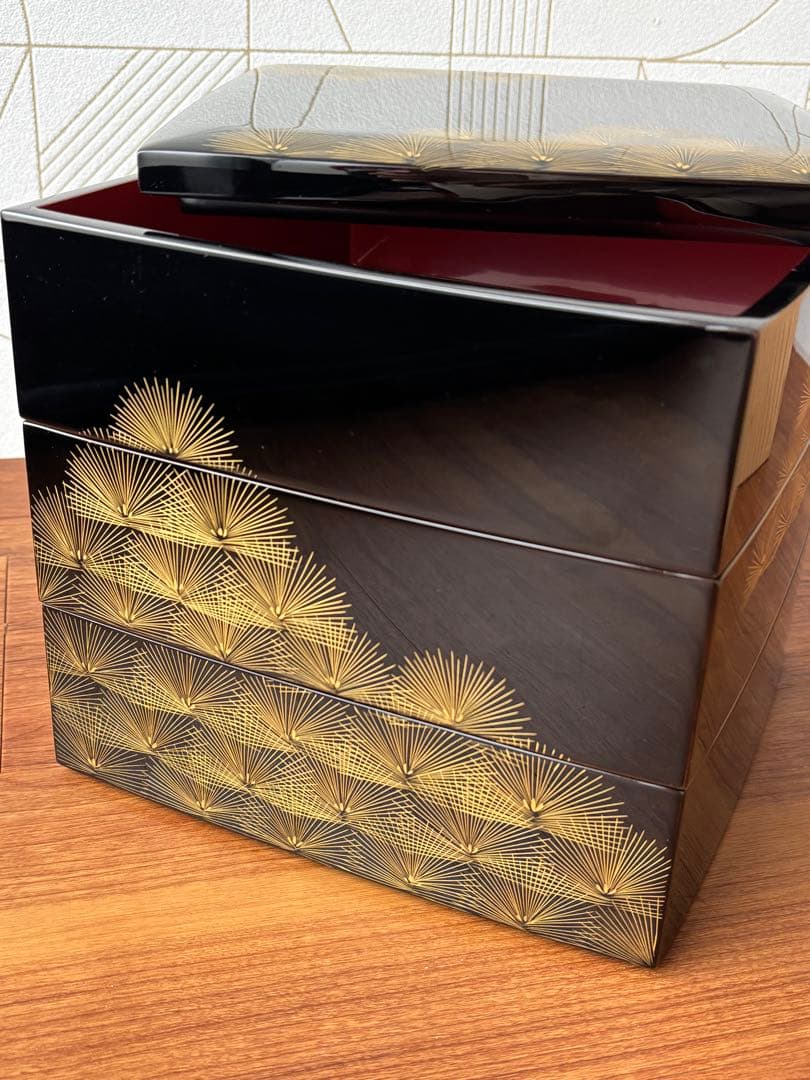 輪島塗 三段重 沈金 寿松 天然木 うるし塗装